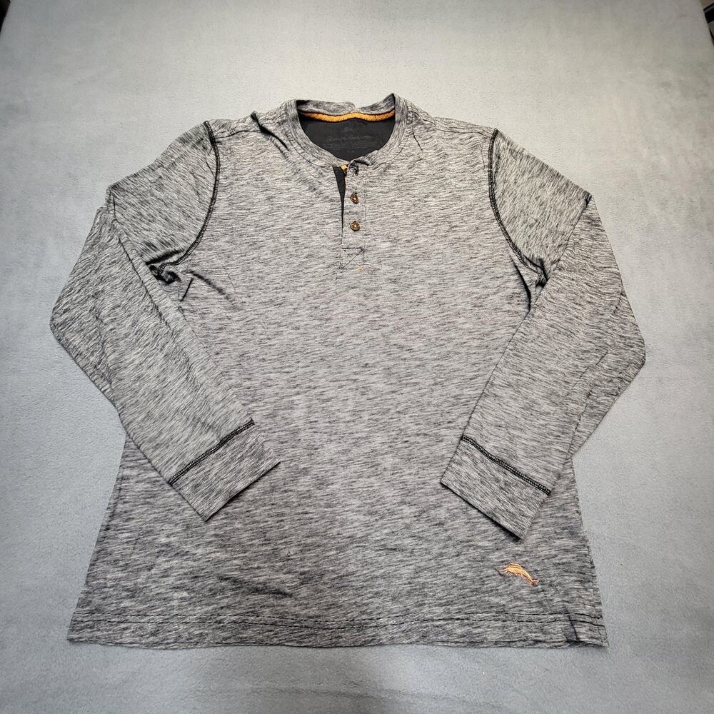 Tommy Bahama Sweater Mens Medium Gray Long Sleeve Henley Pullover Marlin Logo